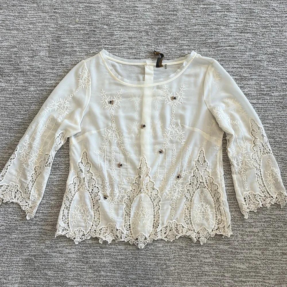 Anthropologie Arrata Silent Journey Sheer Beaded Embroidered Crochet Lace Top M